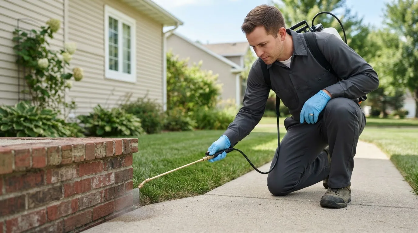 Pest control technician treating a home near Eagle River, AK